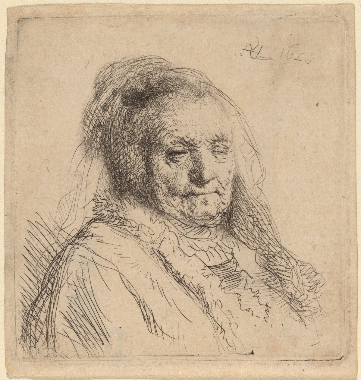 Kunstnerens Moder, Hoved og Buste af Rembrandt van Rijn