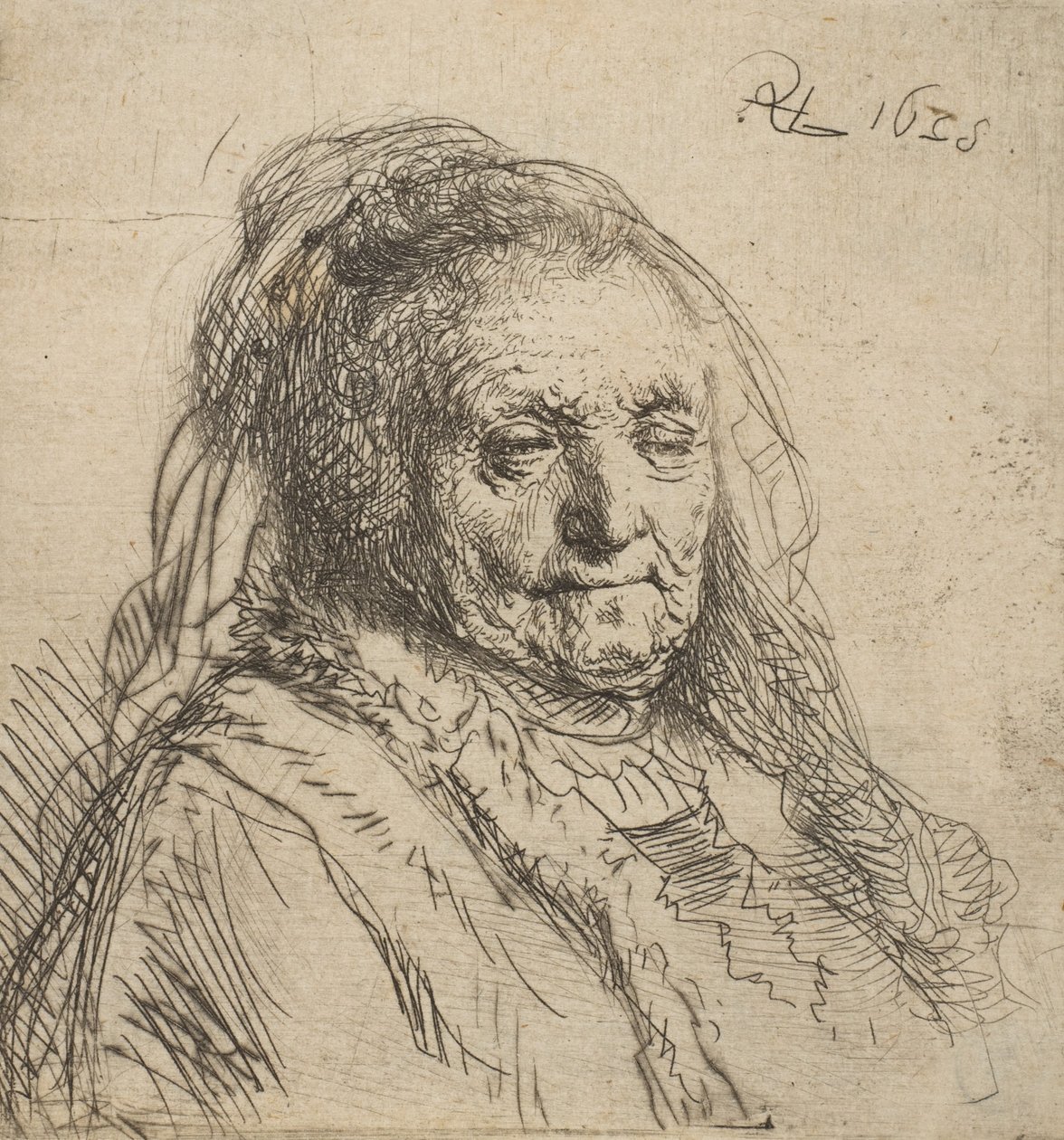 Kunstnerens mor: hoved og buste, trekvart højre, 1628., 1628. af Rembrandt van Rijn