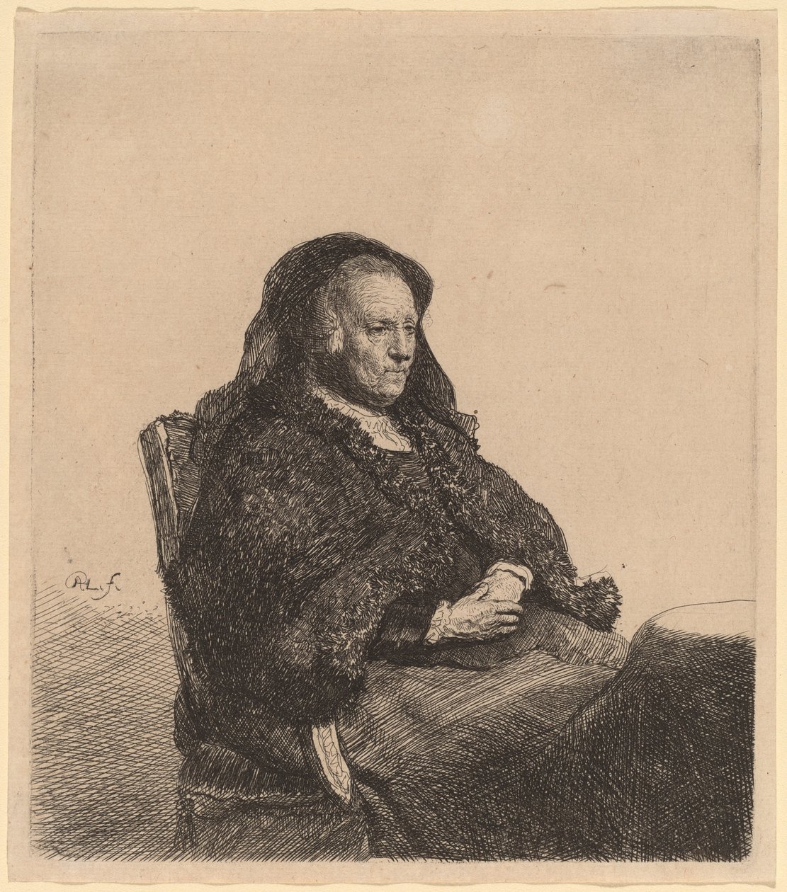 Kunstnerens mor sidder ved et bord og ser rigtigt ud af Rembrandt van Rijn