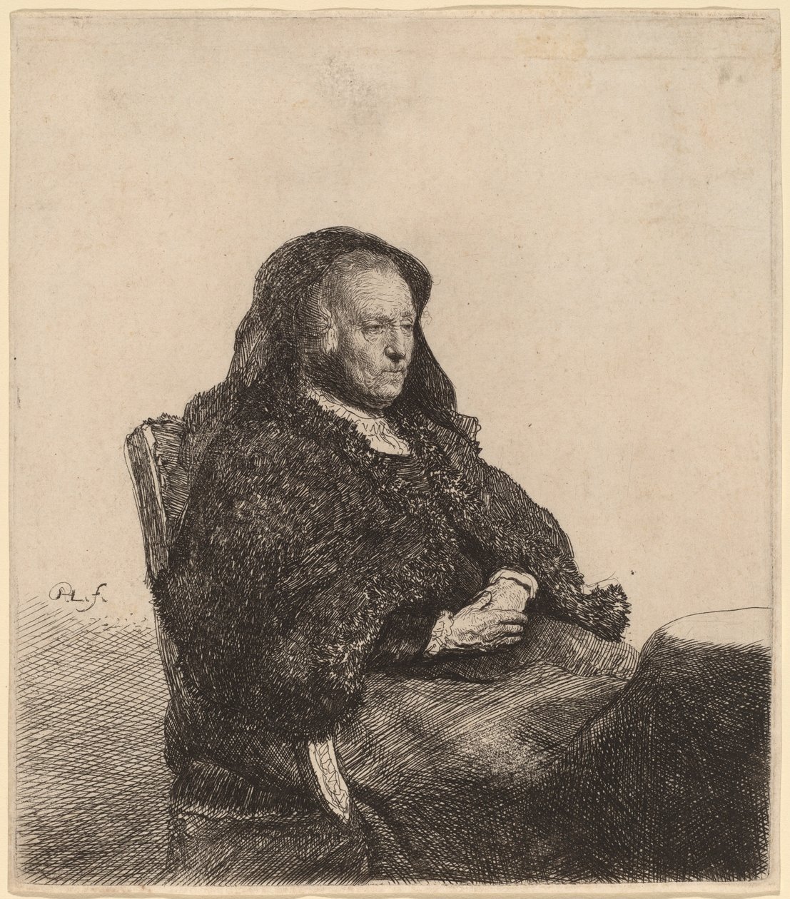 Kunstnerens mor sidder ved et bord og ser rigtigt ud af Rembrandt van Rijn