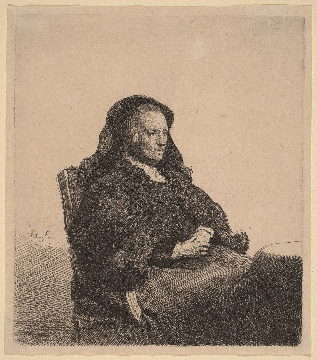 Kunstnerens mor siddende ved et bord, med blikket mod højre af Rembrandt van Rijn