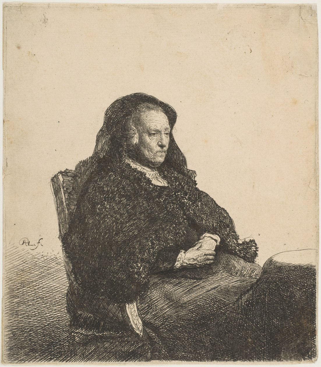 Kunstnerens mor sidder ved et bord og ser rigtigt ud: Trekvart længde, ca. 1631. af Rembrandt van Rijn
