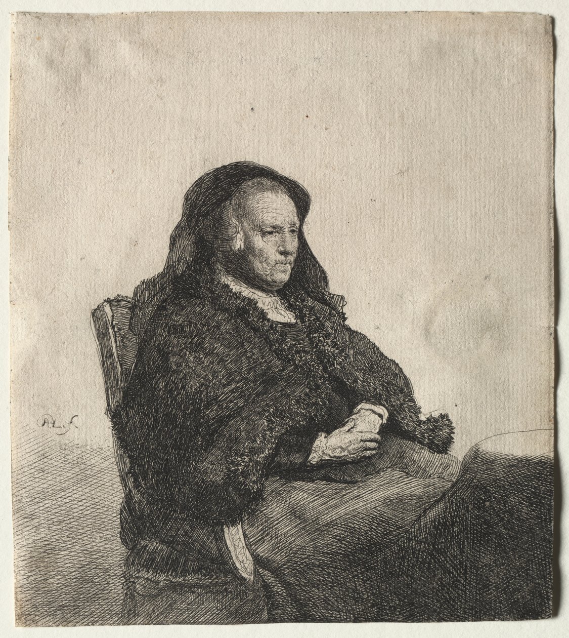 Kunstnerens mor sidder ved et bord og ser til højre: Tre fjerdedel længde af Rembrandt van Rijn