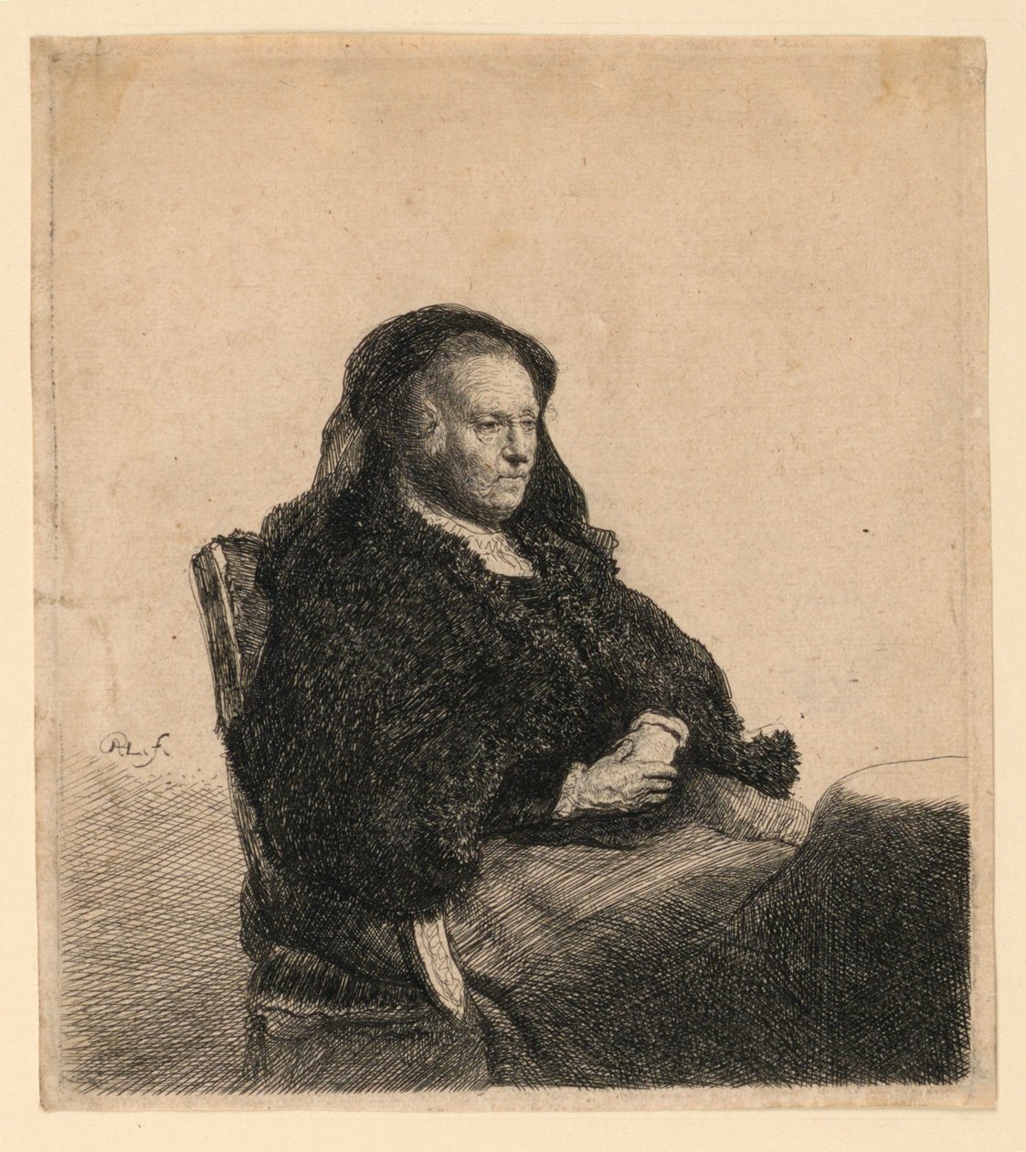 Kunstnerens mor sidder ved et bord og ser til højre: Tre fjerdedels længde af Rembrandt van Rijn