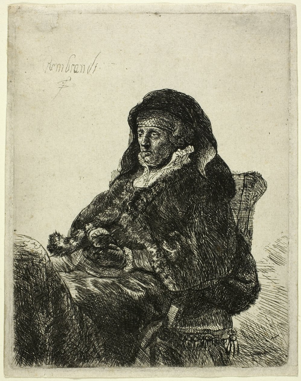 Kunstnerens mor sidder ved et bord og kigger til højre: Trekvart længde af Rembrandt van Rijn