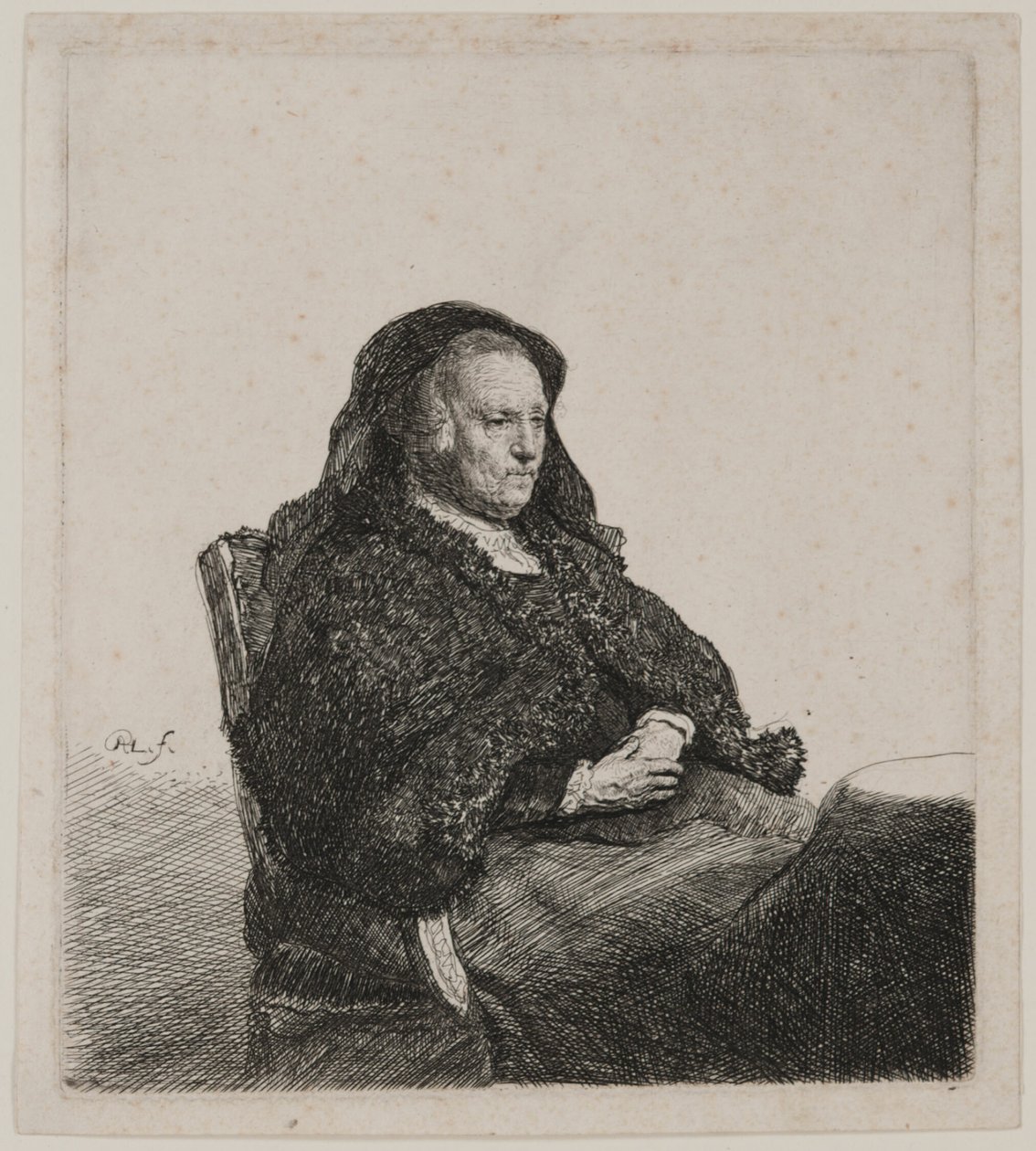 Kunstnerens mor sidder ved et bord og kigger til højre: Trekvart længde af Rembrandt van Rijn