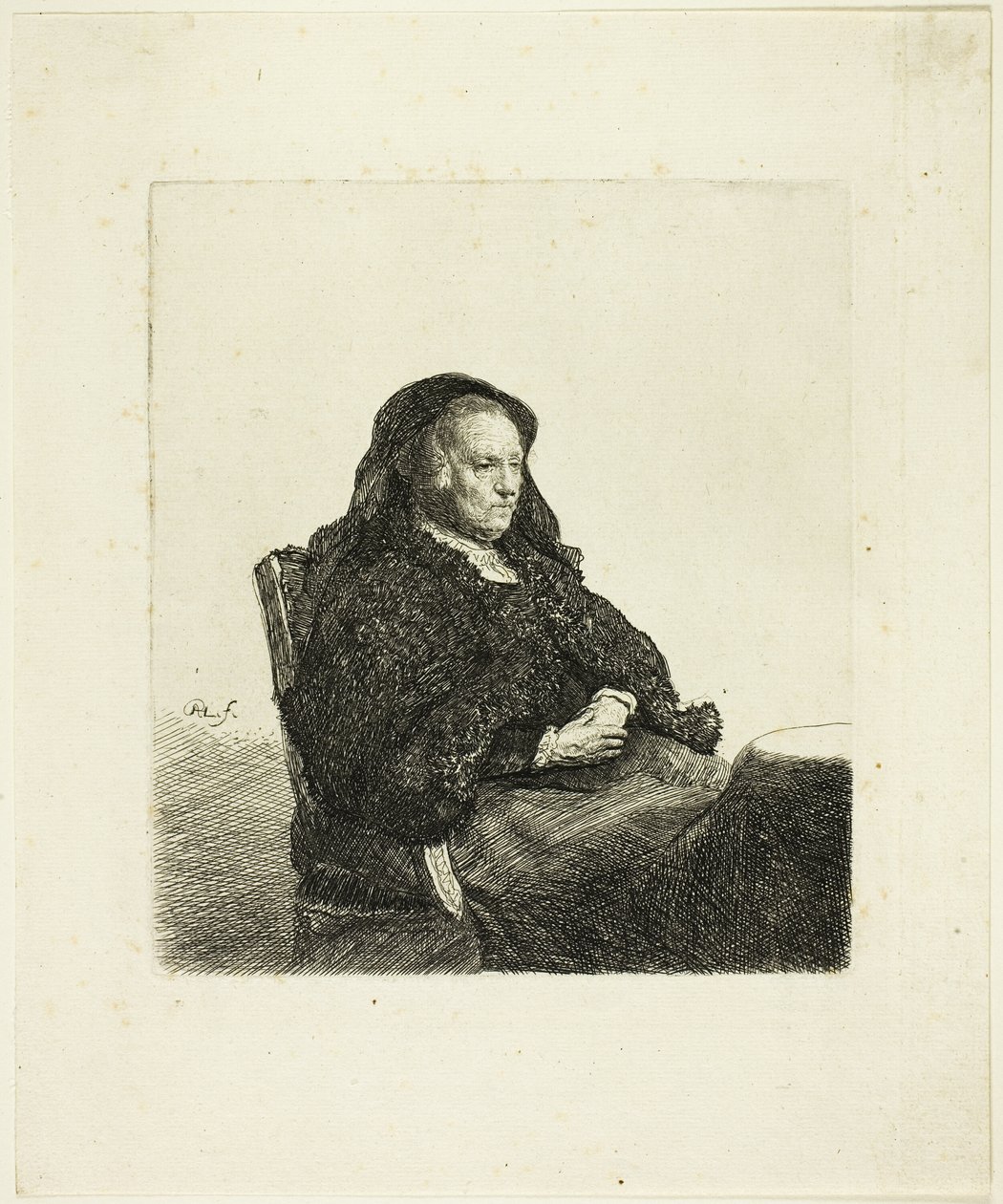 Kunstnerens mor sidder ved et bord og kigger til højre: Trekvart længde af Rembrandt van Rijn