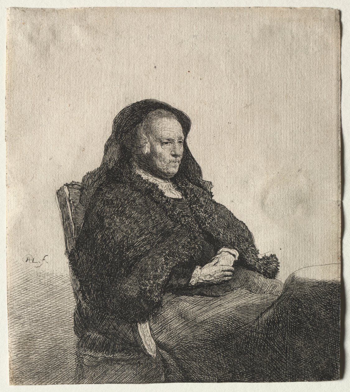 Kunstnerens mor sidder ved et bord og ser til højre: Tre fjerdedels længde, ca. 1631. af Rembrandt van Rijn