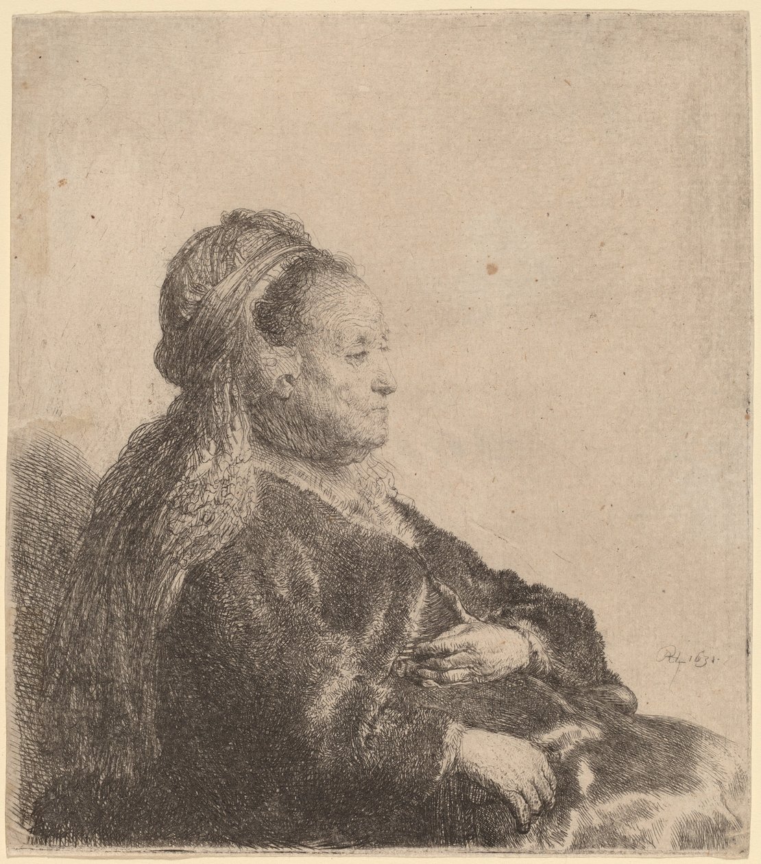 Kunstnerens mor siddende, i en orientalsk hovedbeklædning af Rembrandt van Rijn