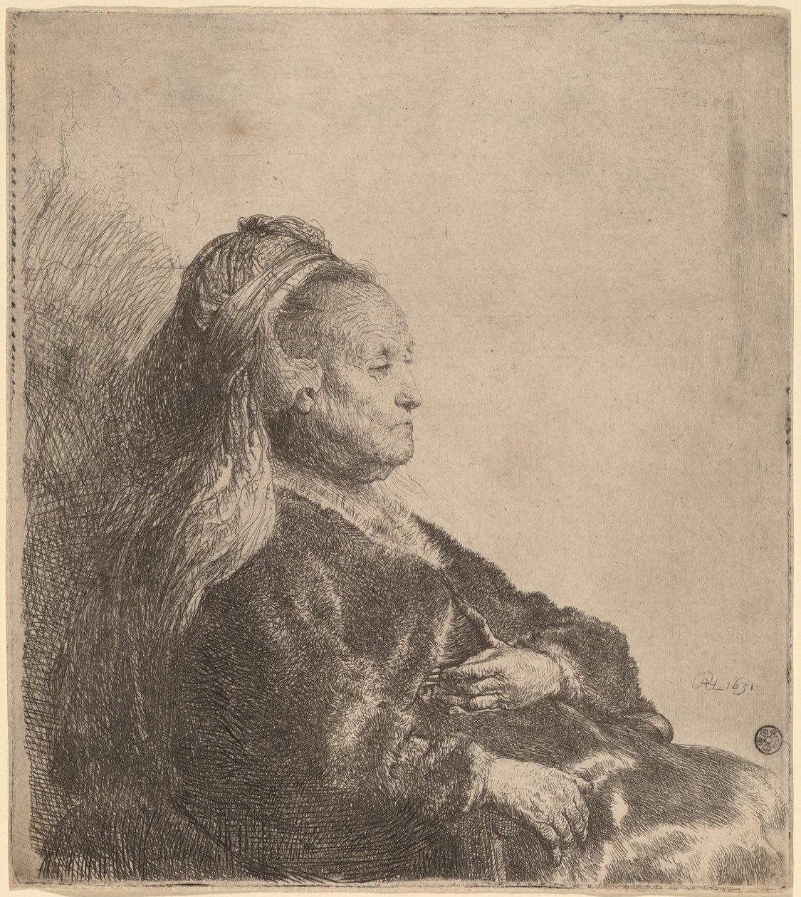 Kunstnerens mor siddende, i en orientalsk hovedbeklædning af Rembrandt van Rijn
