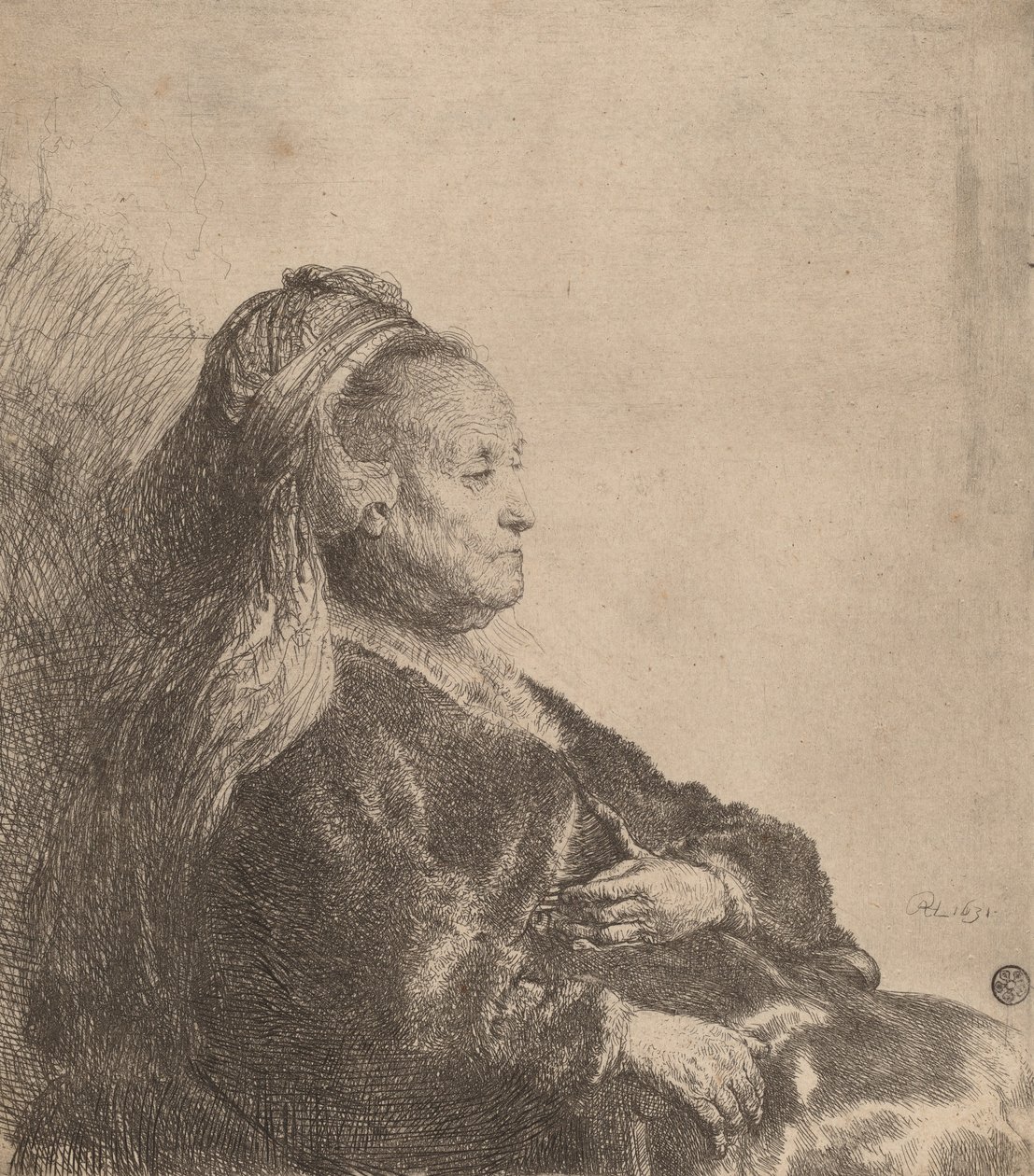 Kunstnerens mor siddende, i en orientalsk hovedbeklædning, 1631. af Rembrandt van Rijn