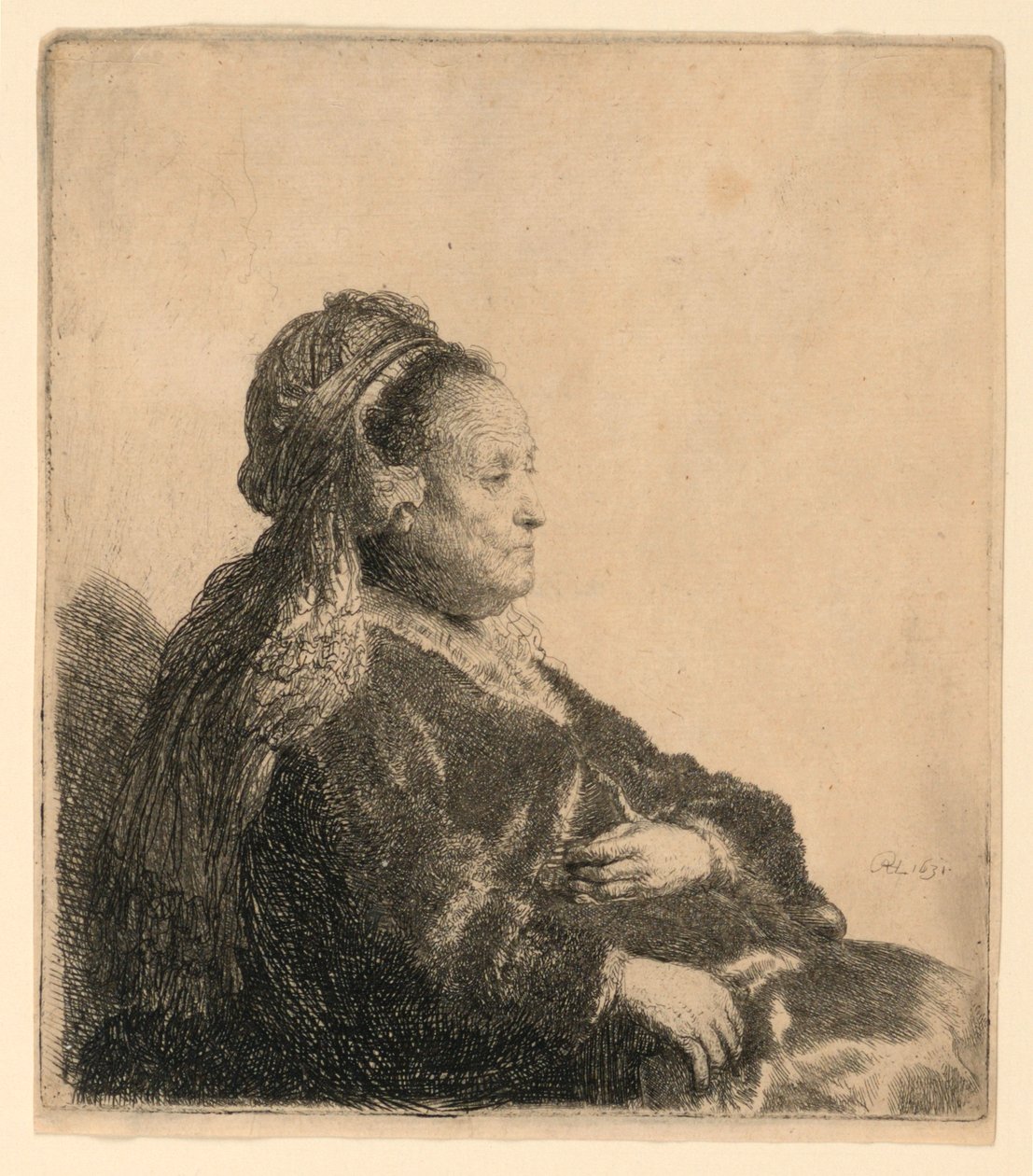 Kunstnerens Moder Siddende, i en Orientalsk Hovedbeklædning: Halv Længde af Rembrandt van Rijn