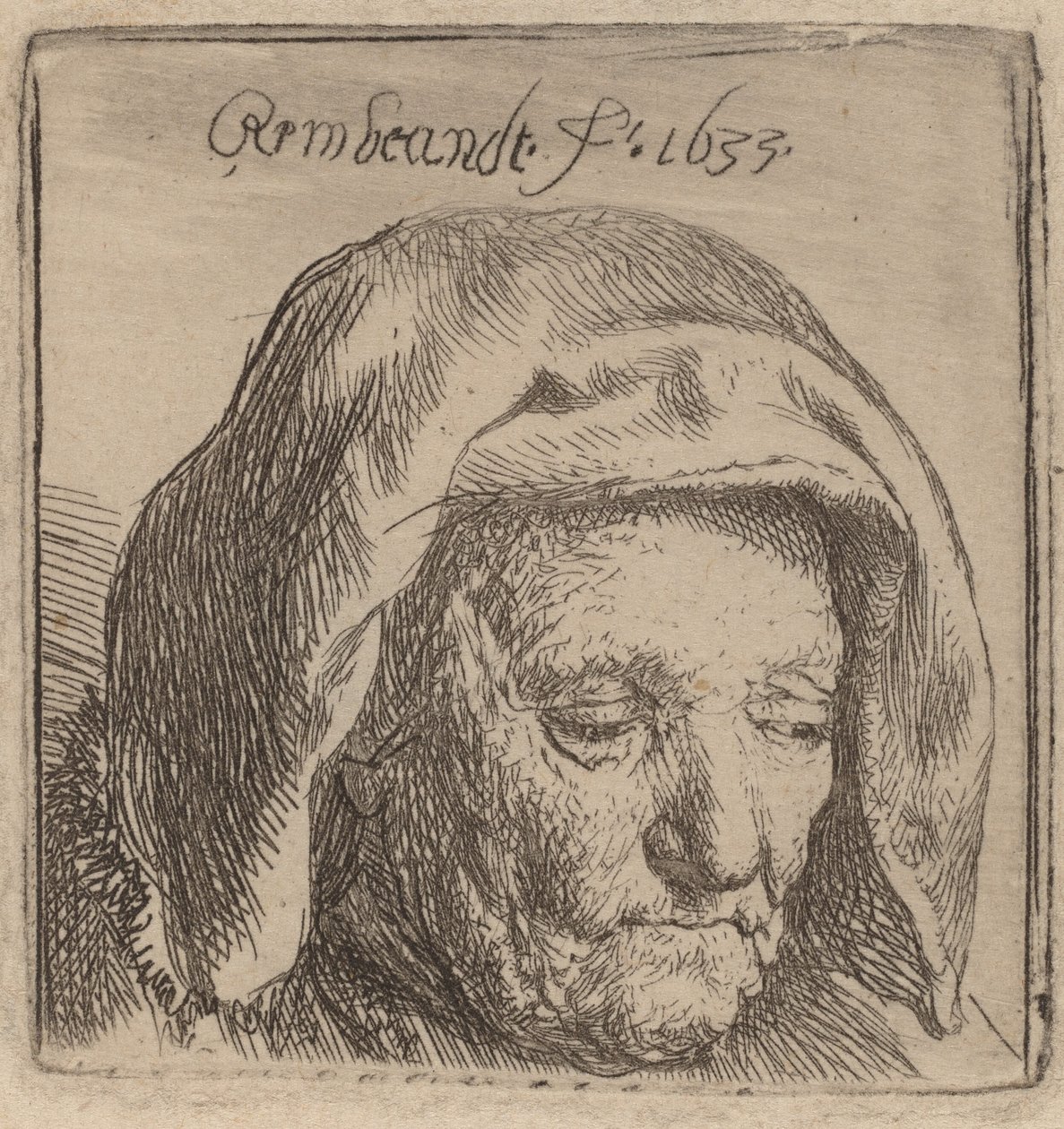 Kunstnerens mor i en hovedbeklædning i stof, ser ned, 1633. af Rembrandt van Rijn