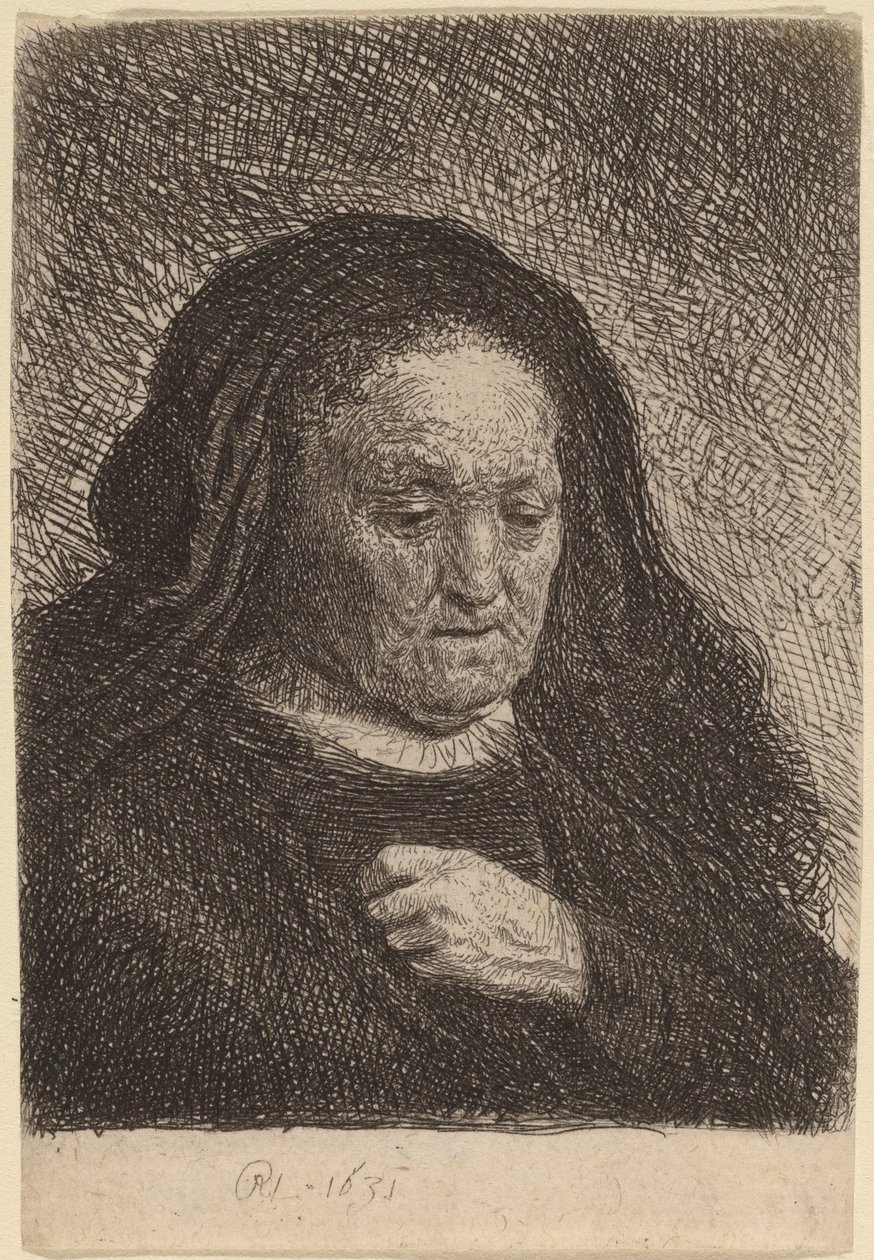 Kunstnerens mor med hånden på brystet af Rembrandt van Rijn
