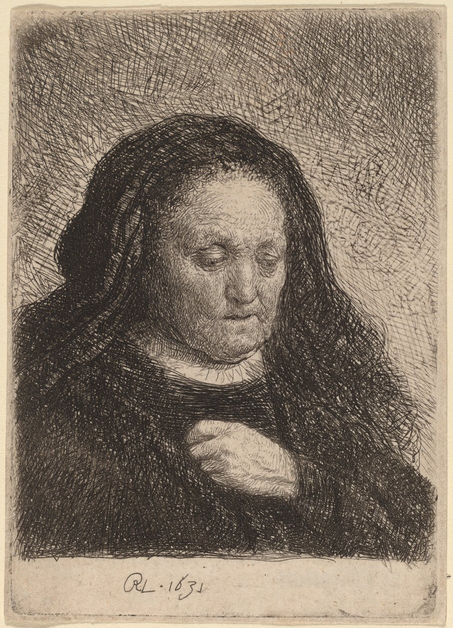 Kunstnerens mor med hånden på brystet af Rembrandt van Rijn