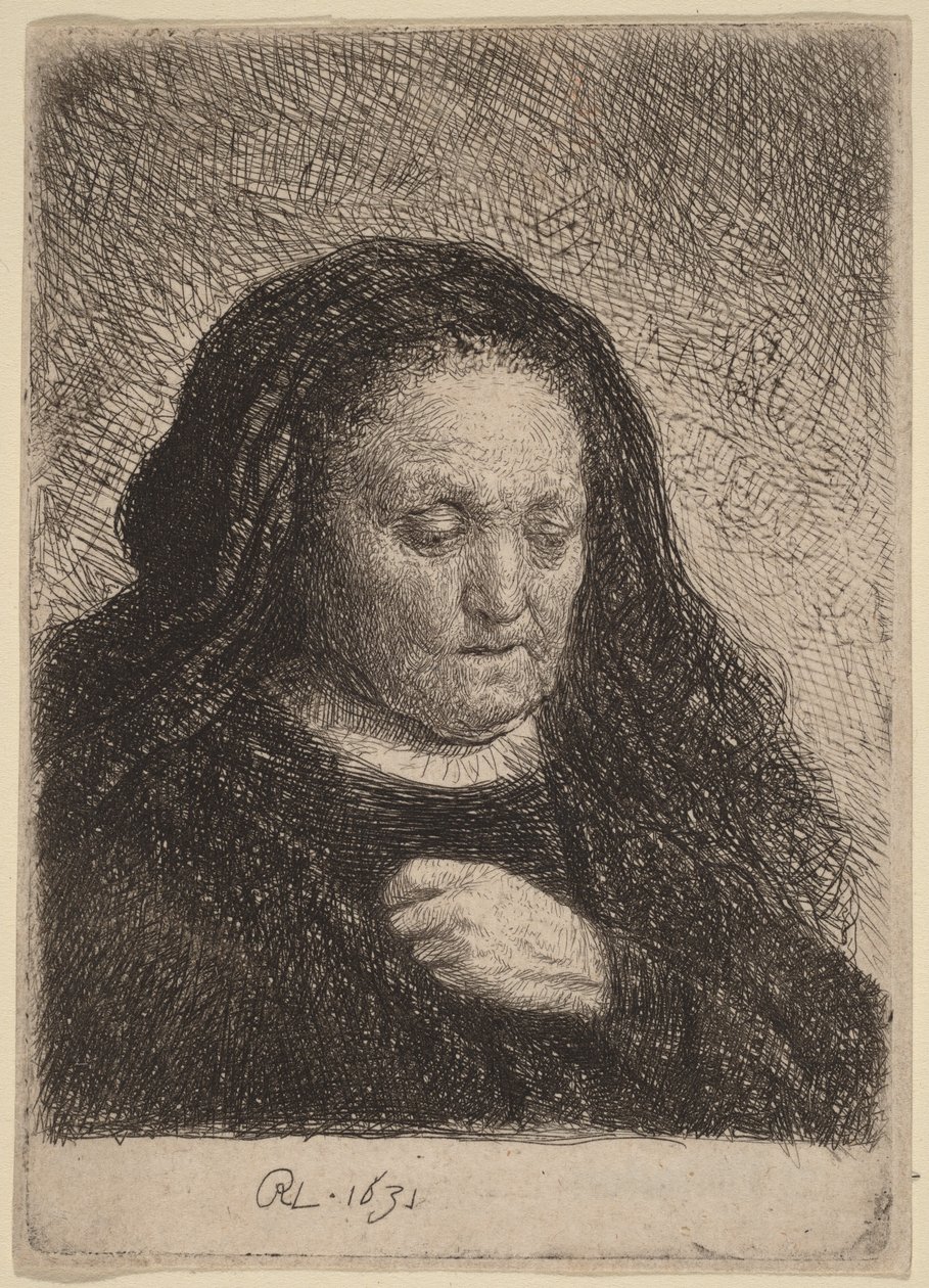 Kunstnerens mor med hånden på brystet af Rembrandt van Rijn