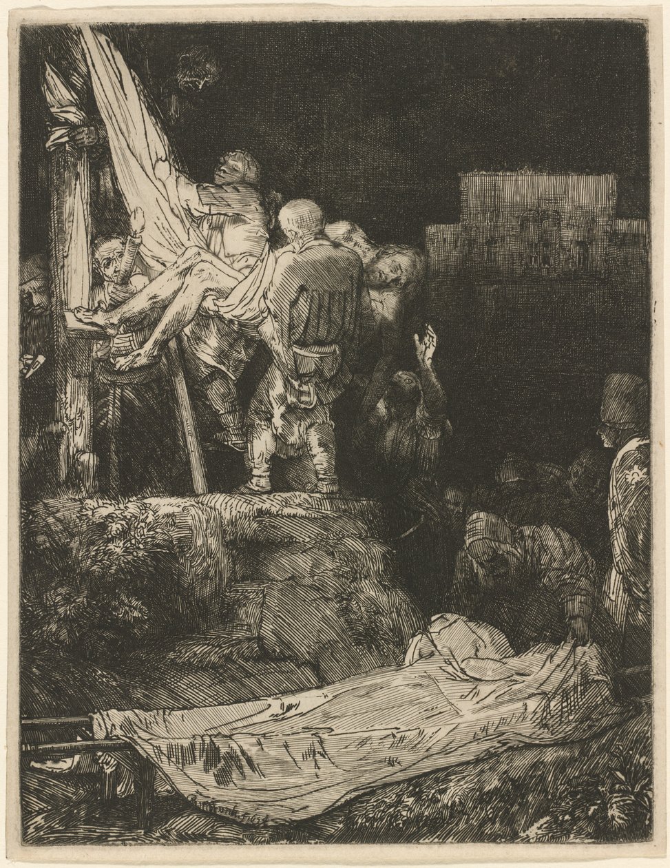 Nedstigningen fra korset med fakkellys af Rembrandt van Rijn