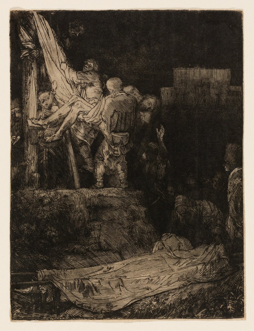 Nedstigningen fra korset med fakkellys af Rembrandt van Rijn