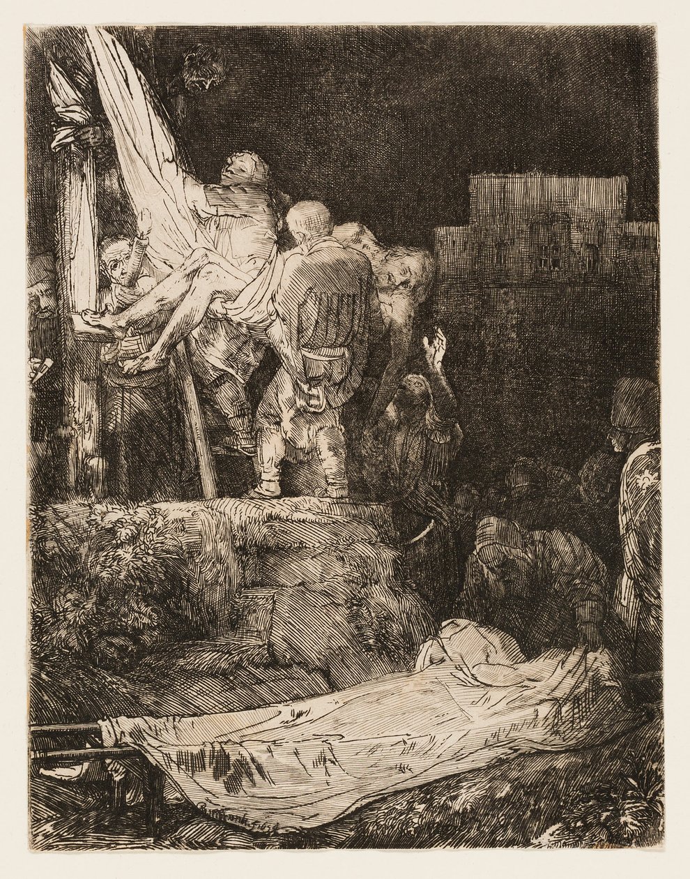 Nedstigningen fra korset med fakkellys af Rembrandt van Rijn