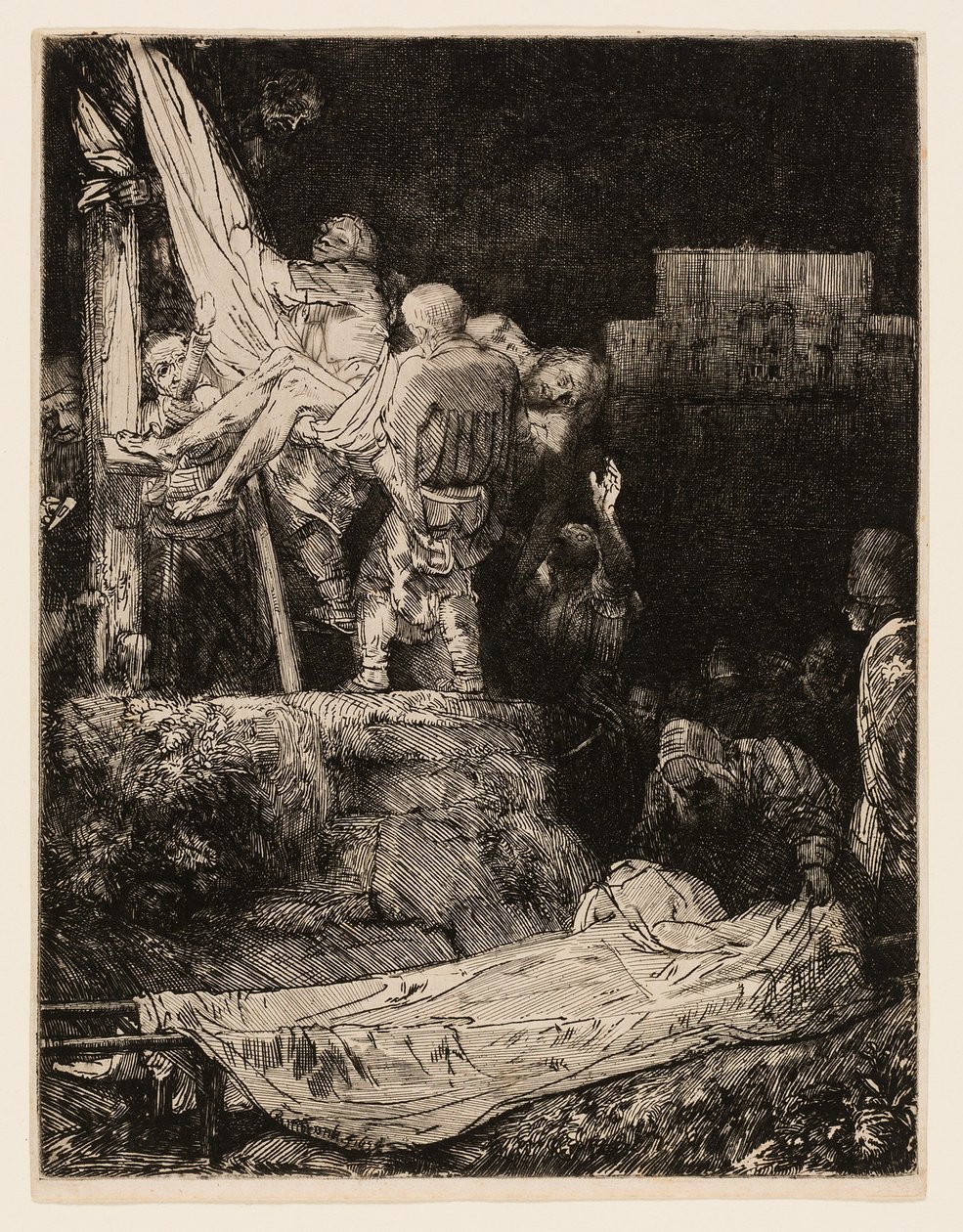 Nedstigningen fra korset med fakkellys af Rembrandt van Rijn