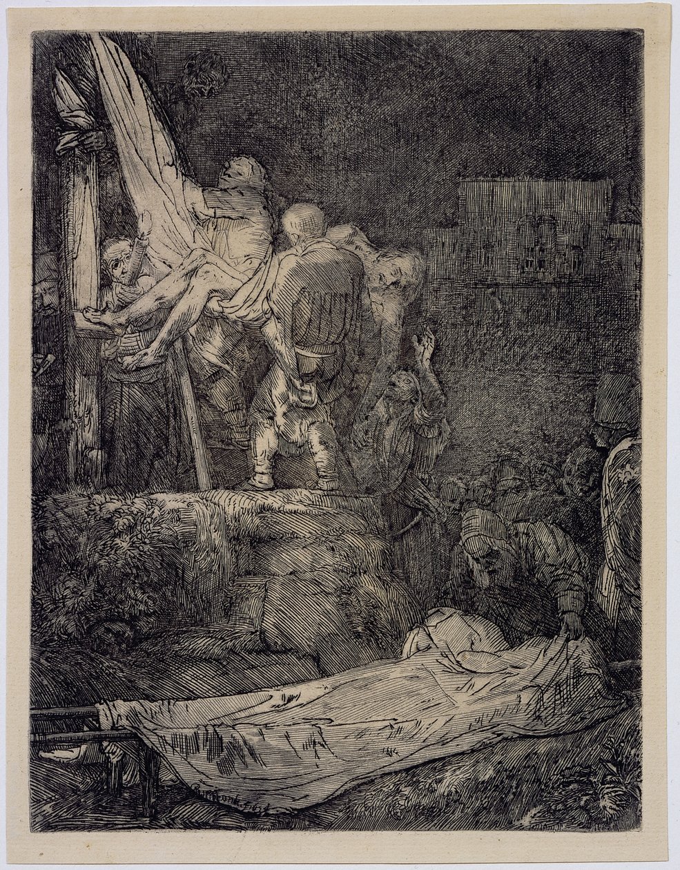 Nedstigningen fra korset med fakkellys af Rembrandt van Rijn