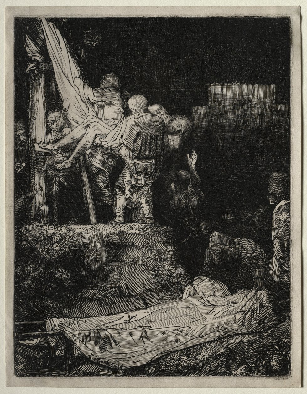 Nedstigningen fra korset ved fakkellys, 1654. af Rembrandt van Rijn