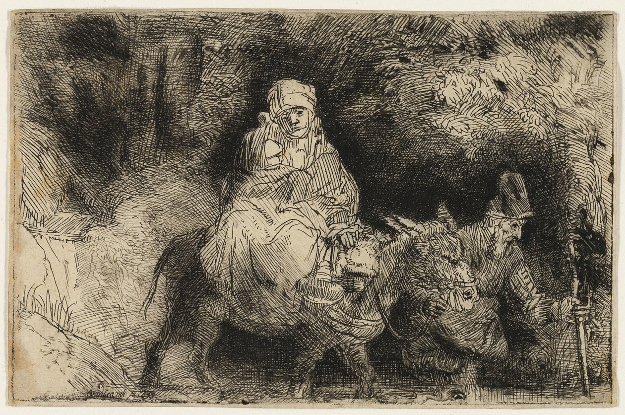 Flugten til Egypten: Krydser en bæk af Rembrandt van Rijn