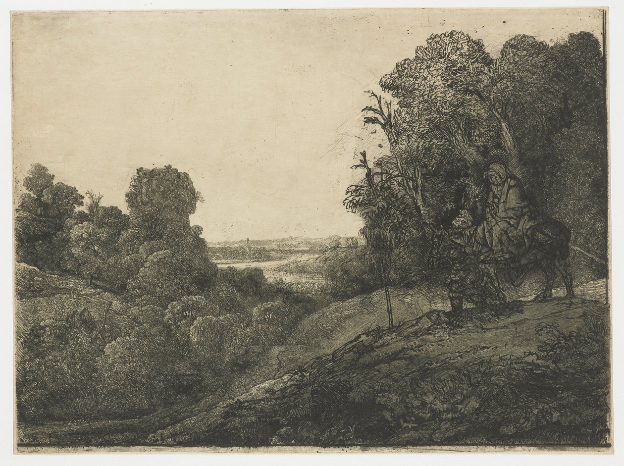 Flugten til Egypten, på en tallerken af Segers Flugten til Egypten: ændret plade fra Seghers af Rembrandt van Rijn
