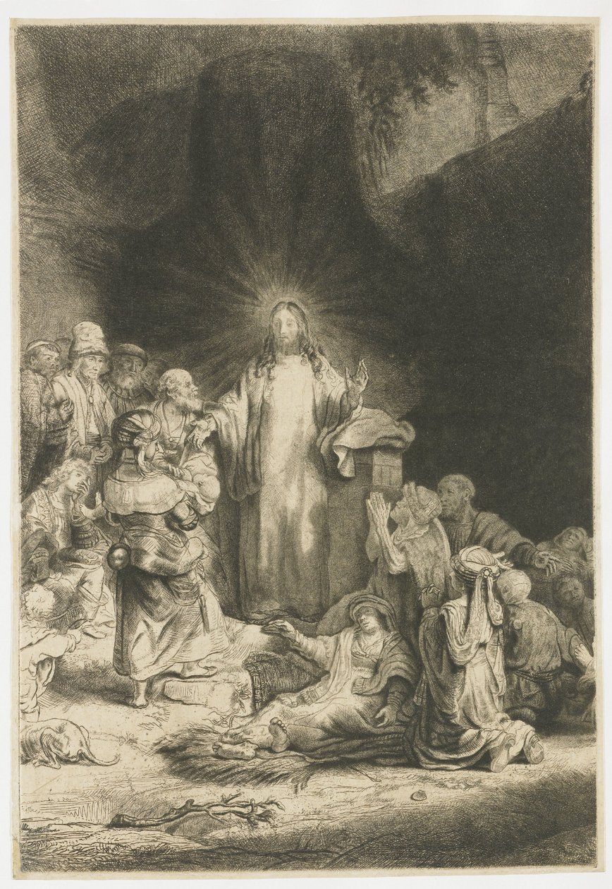»De hundrede gyldener«: det centrale motiv med Kristus, der prædiker af Rembrandt van Rijn