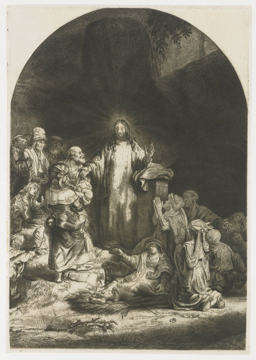 De hundrede gylden print: det centrale stykke med Kristus prædiken, pladen buet af Rembrandt van Rijn