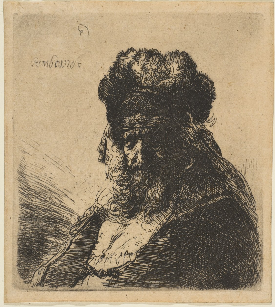 Den gamle skæggede mand i en høj pelshue, med lukkede øjne, ca. 1635. af Rembrandt van Rijn
