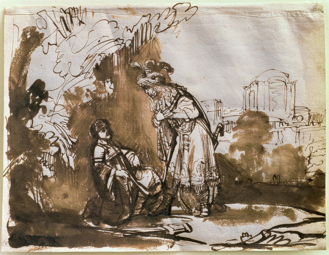 Afskeden mellem David og Jonathan (pen og vask på papir) af Rembrandt van Rijn
