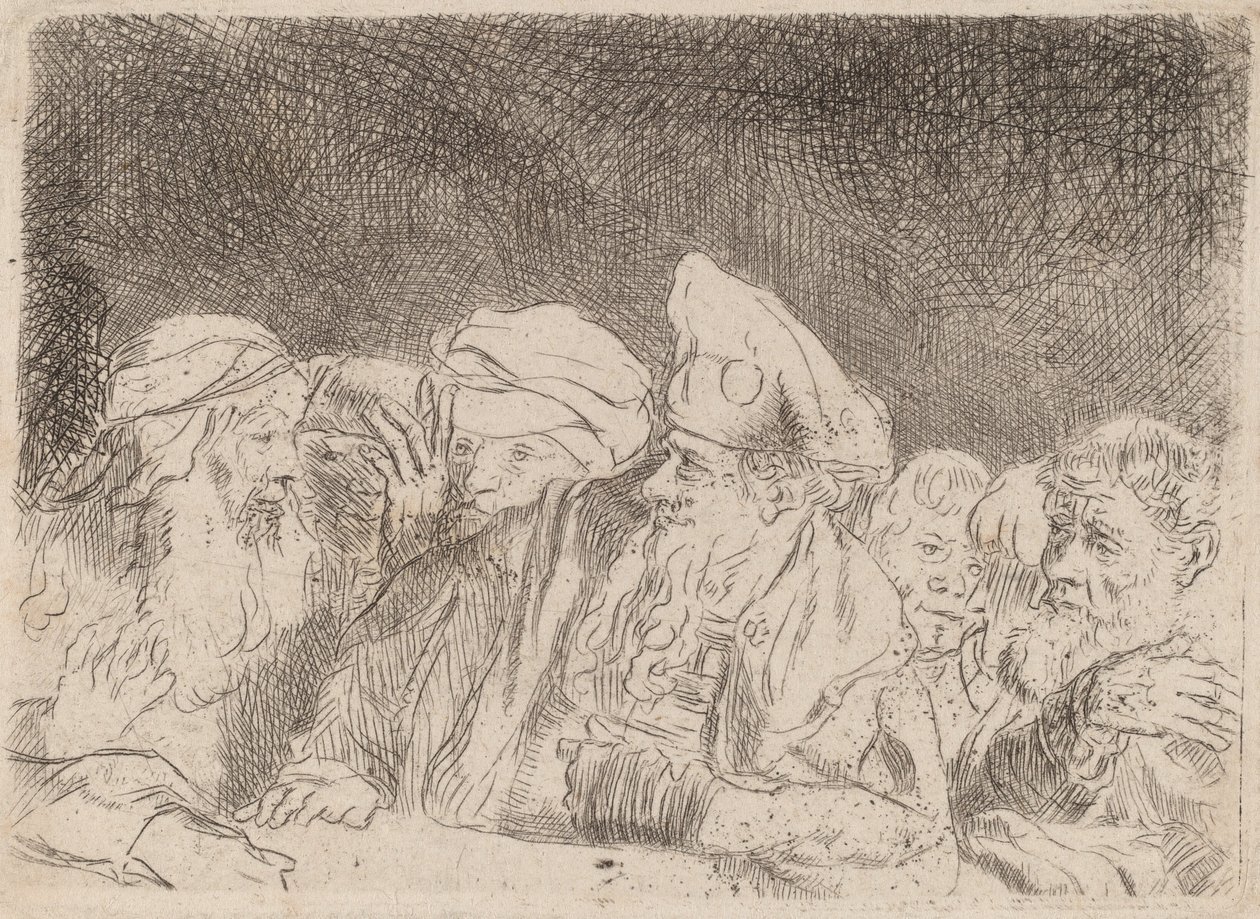 Farisæerne debatterer Fragment fra Hundred Guld Print, ca. 1649. af Rembrandt van Rijn