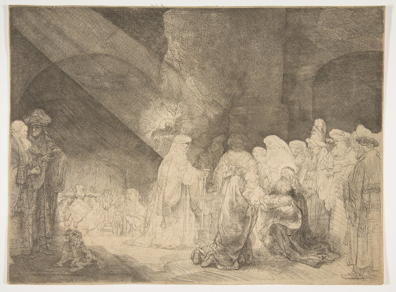 Præsentationen i templet: Aflang plade. af Rembrandt van Rijn
