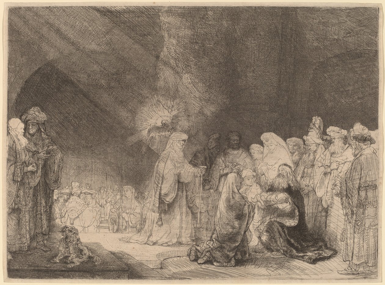 Præsentationen i templet: Aflangt tryk af Rembrandt van Rijn