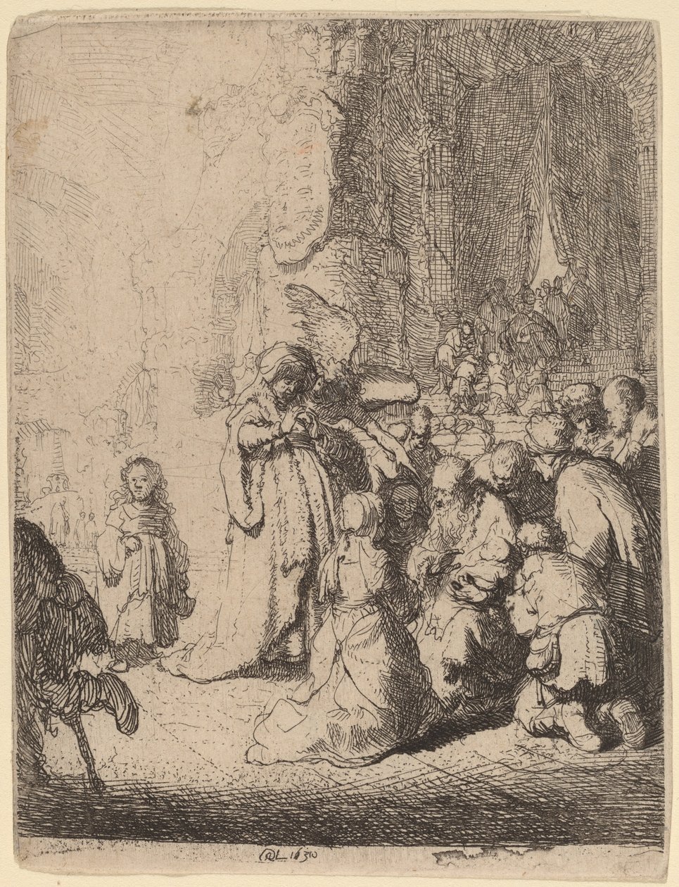 Præsentationen i templet med englen: Lille tallerken af Rembrandt van Rijn