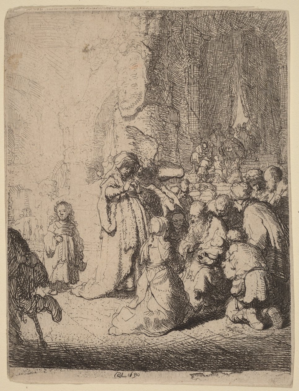 Ofre i templet med englen: Lille plade af Rembrandt van Rijn