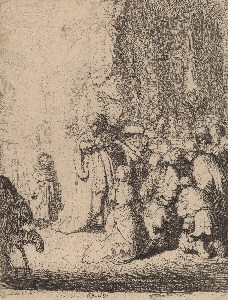 Præsentationen i templet med englen: Lille tallerken, 1630. af Rembrandt van Rijn