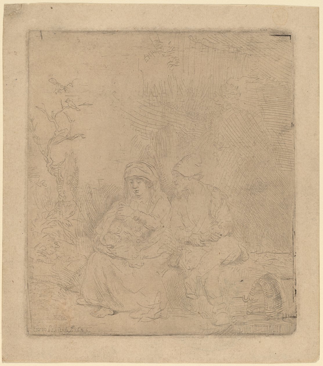 The Rest on the Flight: Lightly Etched, 1645. af Rembrandt van Rijn