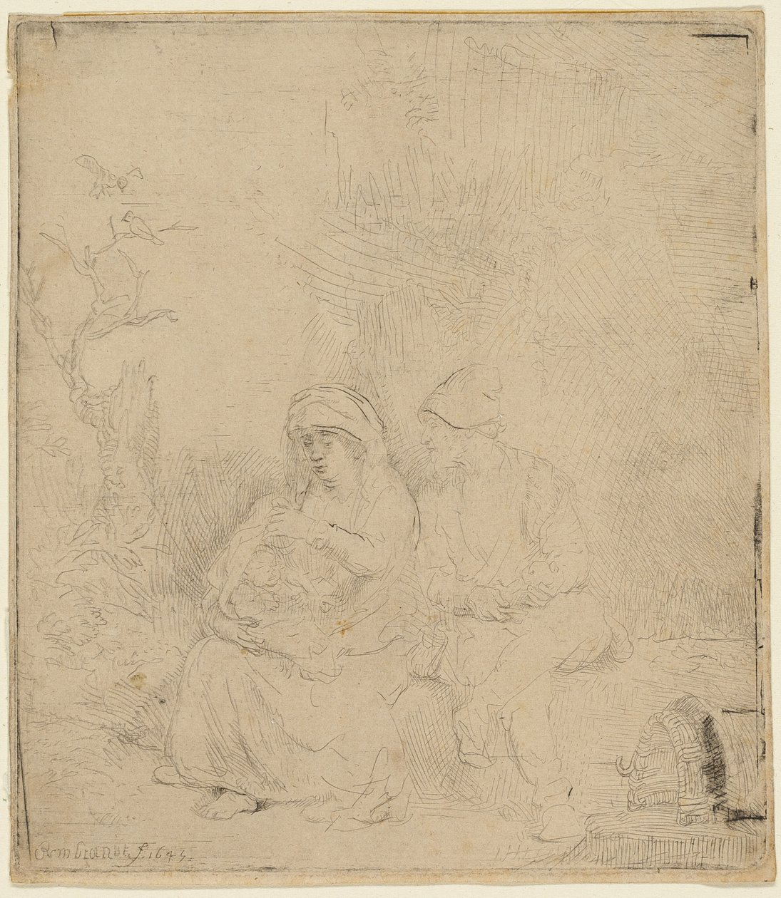 Resten på flugten til Egypten: let ætset af Rembrandt van Rijn