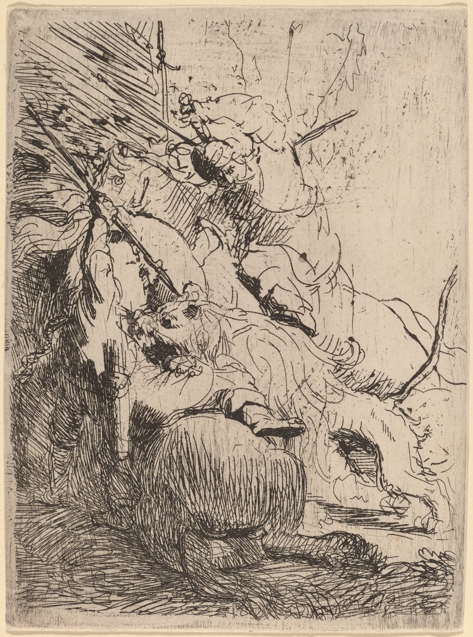 Den lille løvejagt (med én løve) af Rembrandt van Rijn