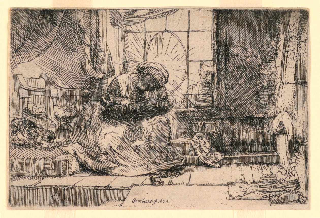 Jomfruen og barnet med katten og Josef ved vinduet af Rembrandt van Rijn