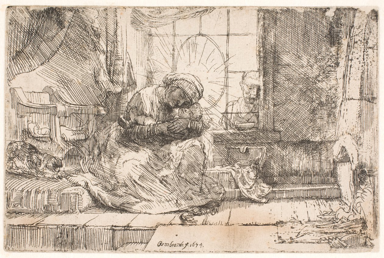 Jomfruen og barnet med katten: og Josef ved vinduet af Rembrandt van Rijn