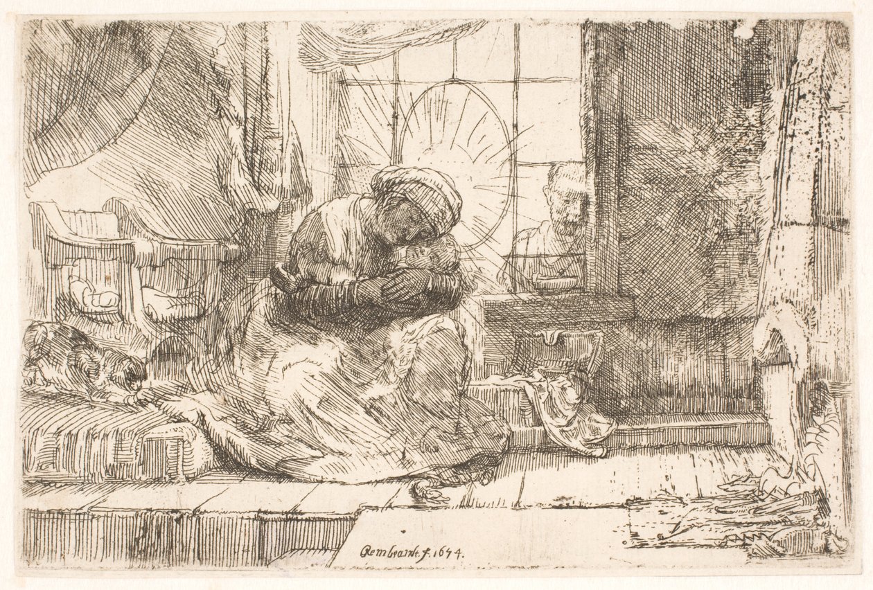 Jomfruen og barnet med katten: og Josef ved vinduet af Rembrandt van Rijn