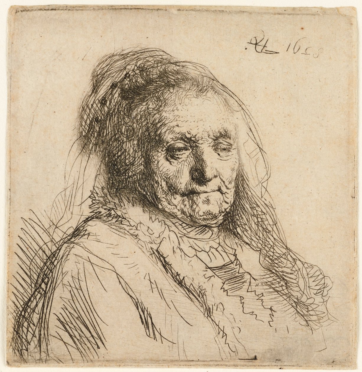 Kunstnerens mor, hoved og buste, 1628. af Rembrandt van Rijn