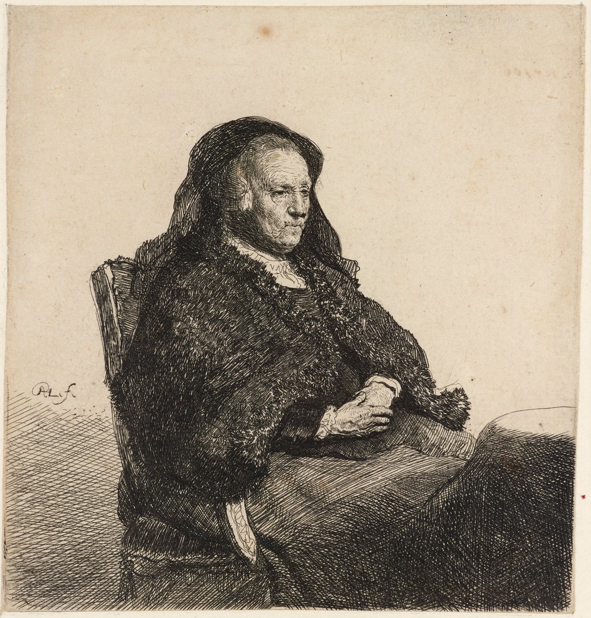 Kunstnerens mor siddende ved et bord, ca. 1631. af Rembrandt van Rijn