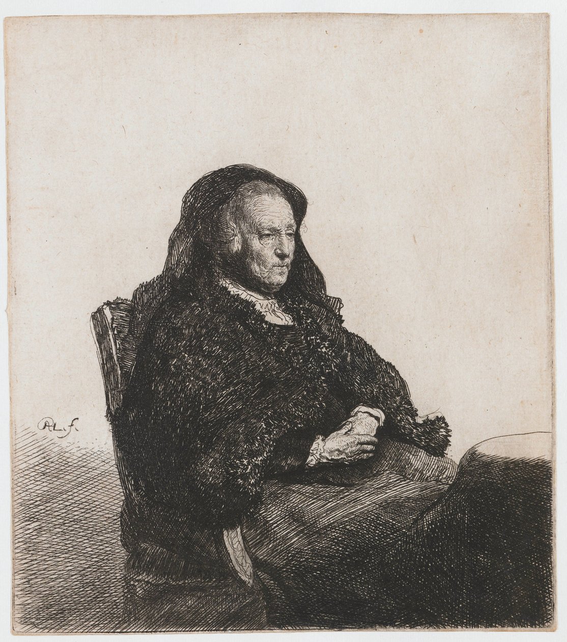 Kunstnerens mor sad ved et bord og kiggede til højre: trekvart længde af Rembrandt van Rijn