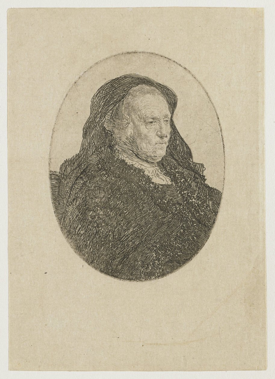 Kunstnerens mor sidder ved et bord og ser mod højre: trekvartprofil af Rembrandt van Rijn