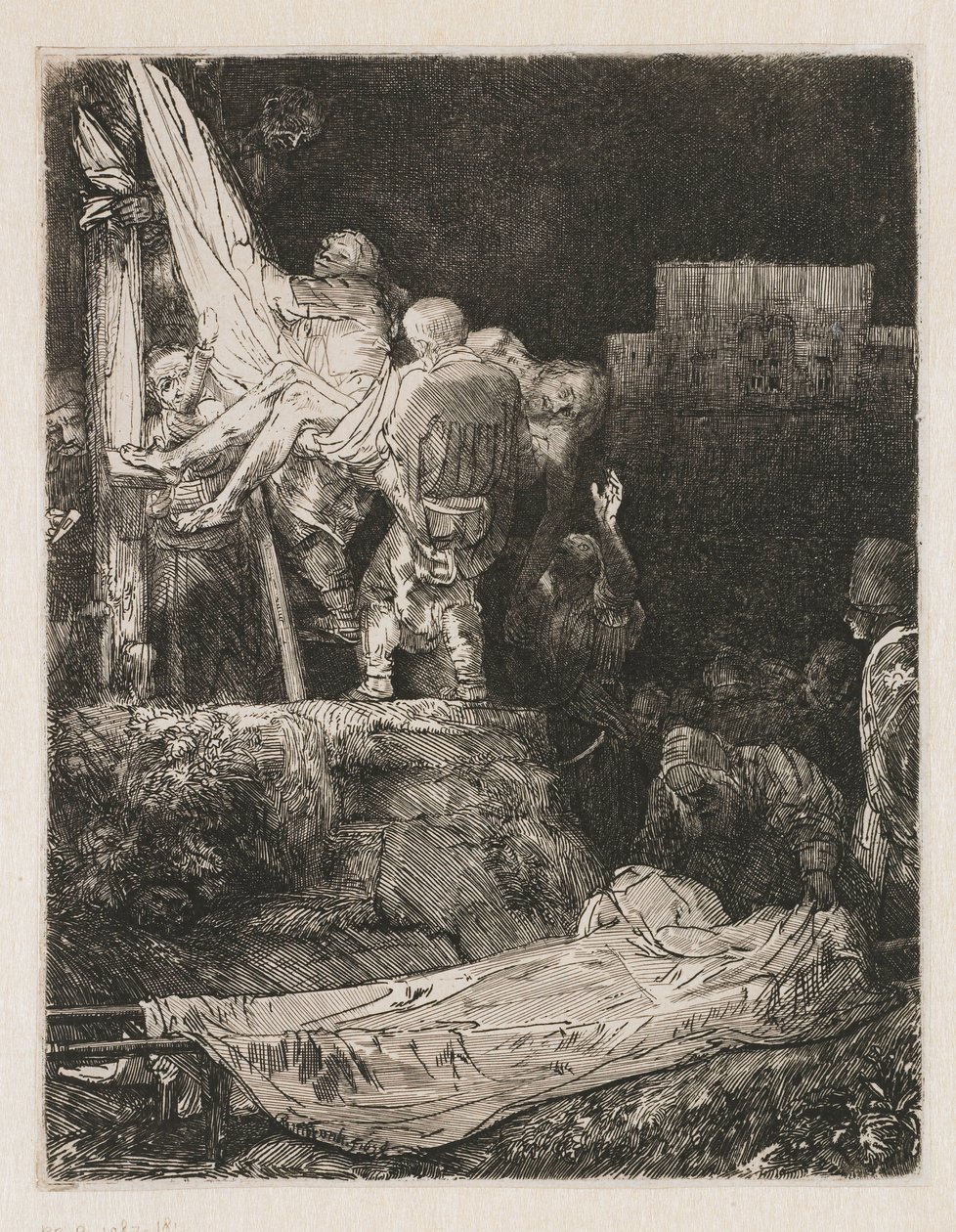 Nedstigningen fra korset med fakkellys af Rembrandt van Rijn