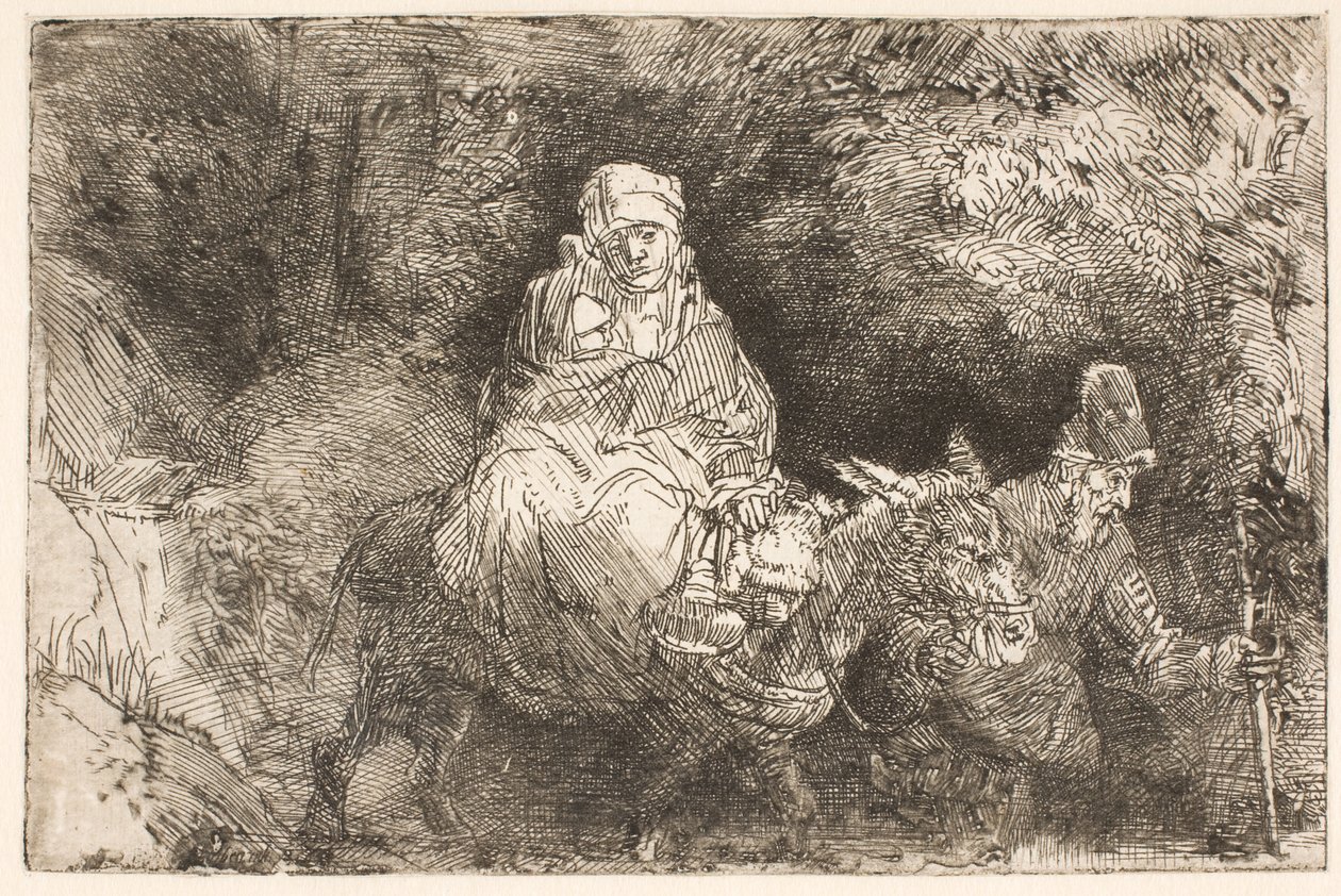 Flugten til Egypten: Den Hellige Familie krydser en bæk af Rembrandt van Rijn